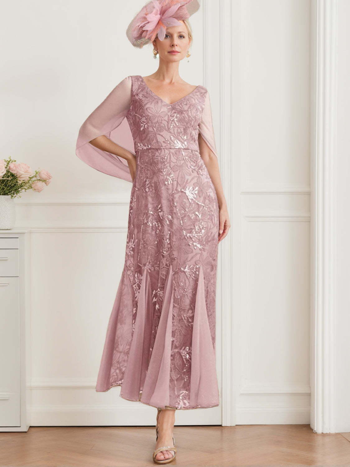 V-Neck A-Line Princess Ankle-Length Mother of the Bride Dress in Solid Color with Lace and Half Sleeves-BMbridal.UK