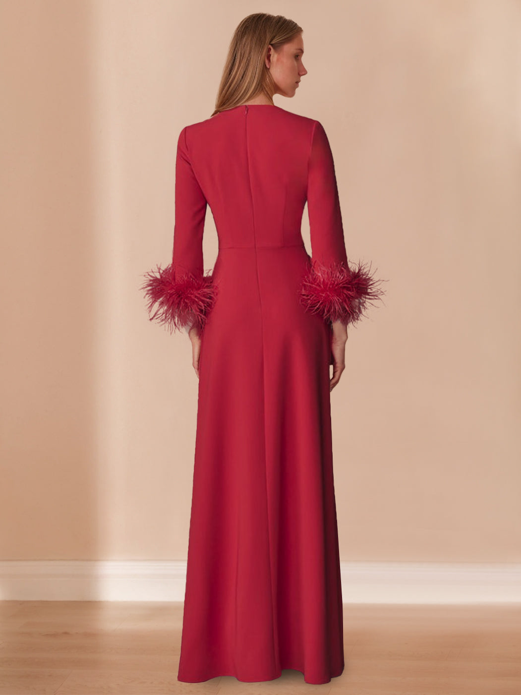 V-Neck A-Line Floor-Length Mother of the Bride Gown with Feathers and Long Sleeves