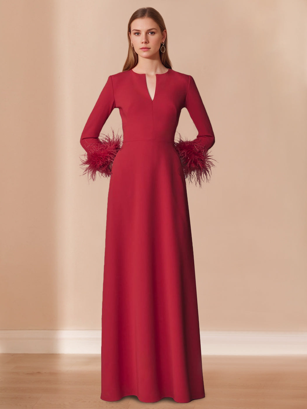 V-Neck A-Line Floor-Length Mother of the Bride Gown with Feathers and Long Sleeves