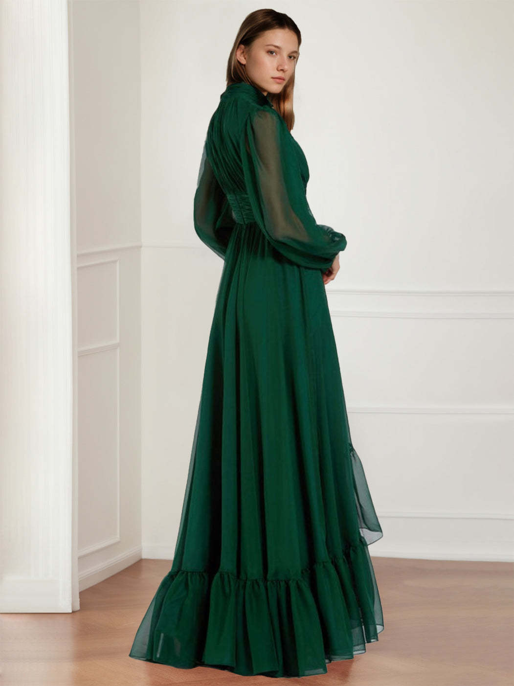 Asymmetrical A-Line Princess Jewel Neck Gown with Long Sleeves Ruffles & Floral Details