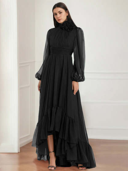 Asymmetrical A-Line Princess Jewel Neck Gown with Long Sleeves Ruffles & Floral Details