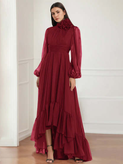 Asymmetrical A-Line Princess Jewel Neck Gown with Long Sleeves Ruffles & Floral Details