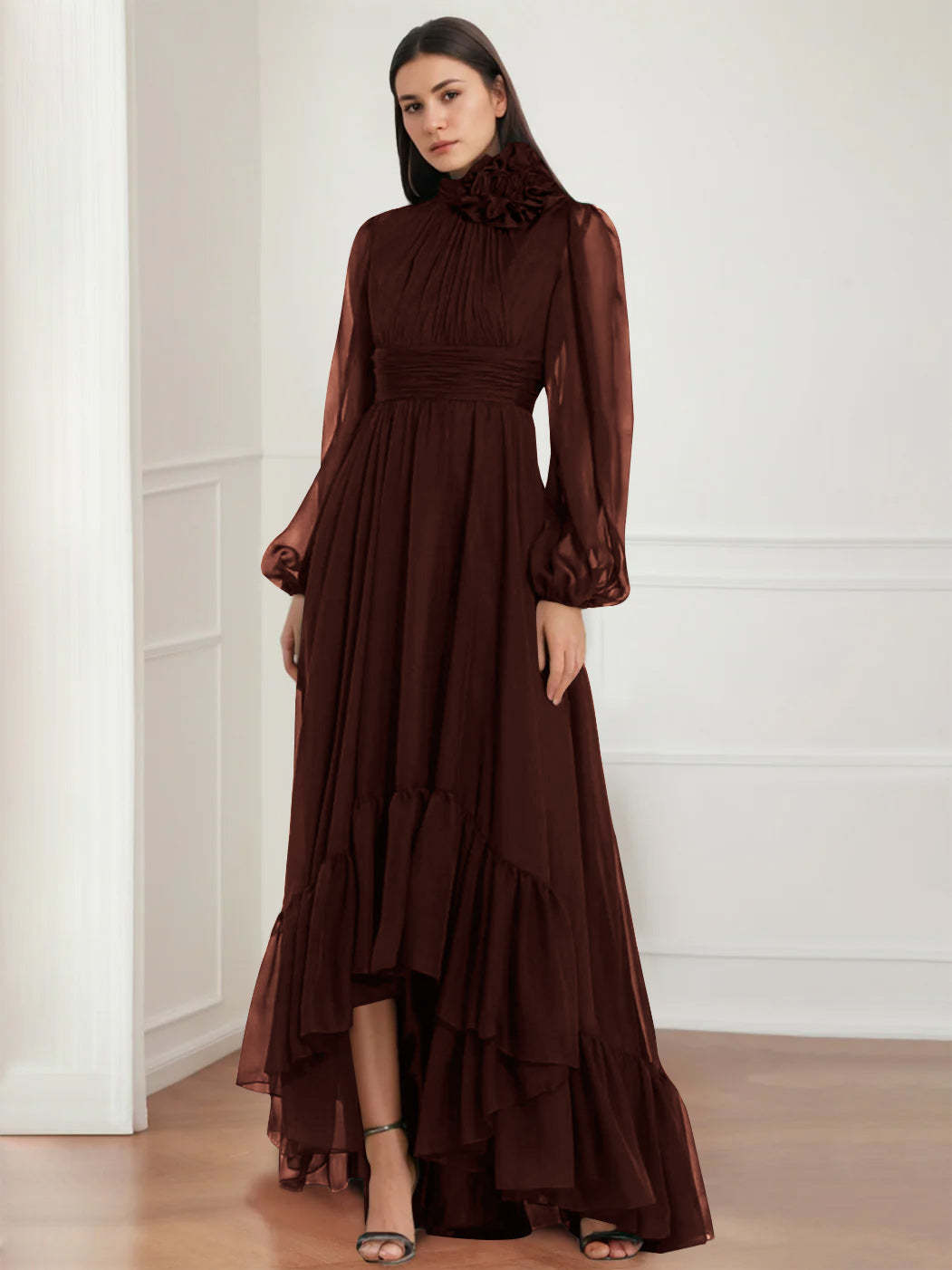 Asymmetrical A-Line Princess Jewel Neck Gown with Long Sleeves Ruffles & Floral Details