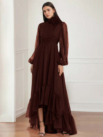 Asymmetrical A-Line Princess Jewel Neck Gown with Long Sleeves Ruffles & Floral Details