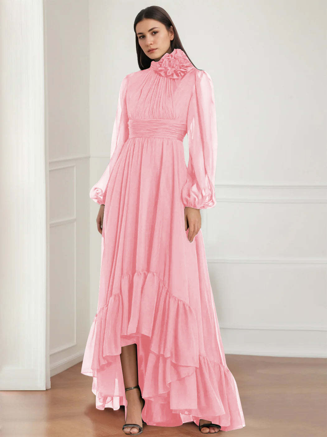Asymmetrical A-Line Princess Jewel Neck Gown with Long Sleeves Ruffles & Floral Details