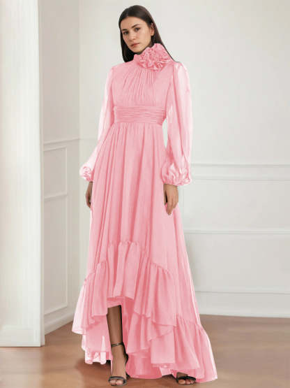Asymmetrical A-Line Princess Jewel Neck Gown with Long Sleeves Ruffles & Floral Details