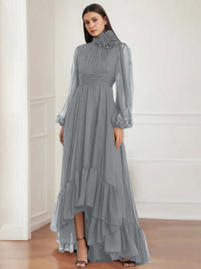 Asymmetrical A-Line Princess Jewel Neck Gown with Long Sleeves Ruffles & Floral Details