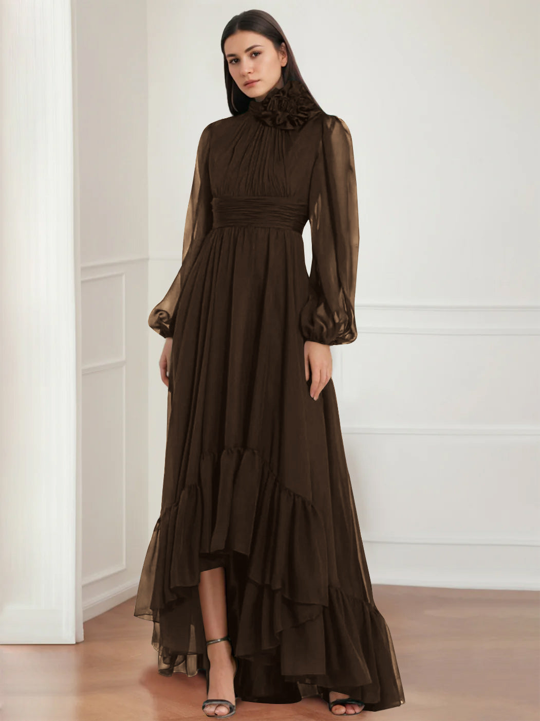 Asymmetrical A-Line Princess Jewel Neck Gown with Long Sleeves Ruffles & Floral Details