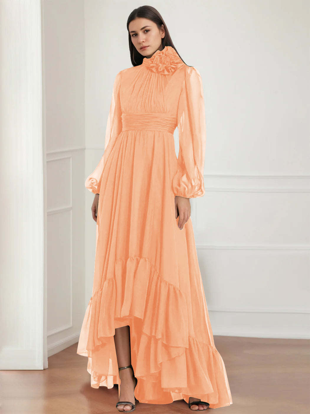 Asymmetrical A-Line Princess Jewel Neck Gown with Long Sleeves Ruffles & Floral Details