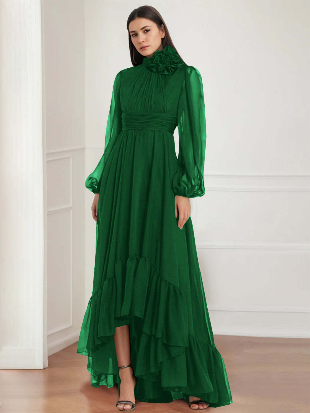 Asymmetrical A-Line Princess Jewel Neck Gown with Long Sleeves Ruffles & Floral Details