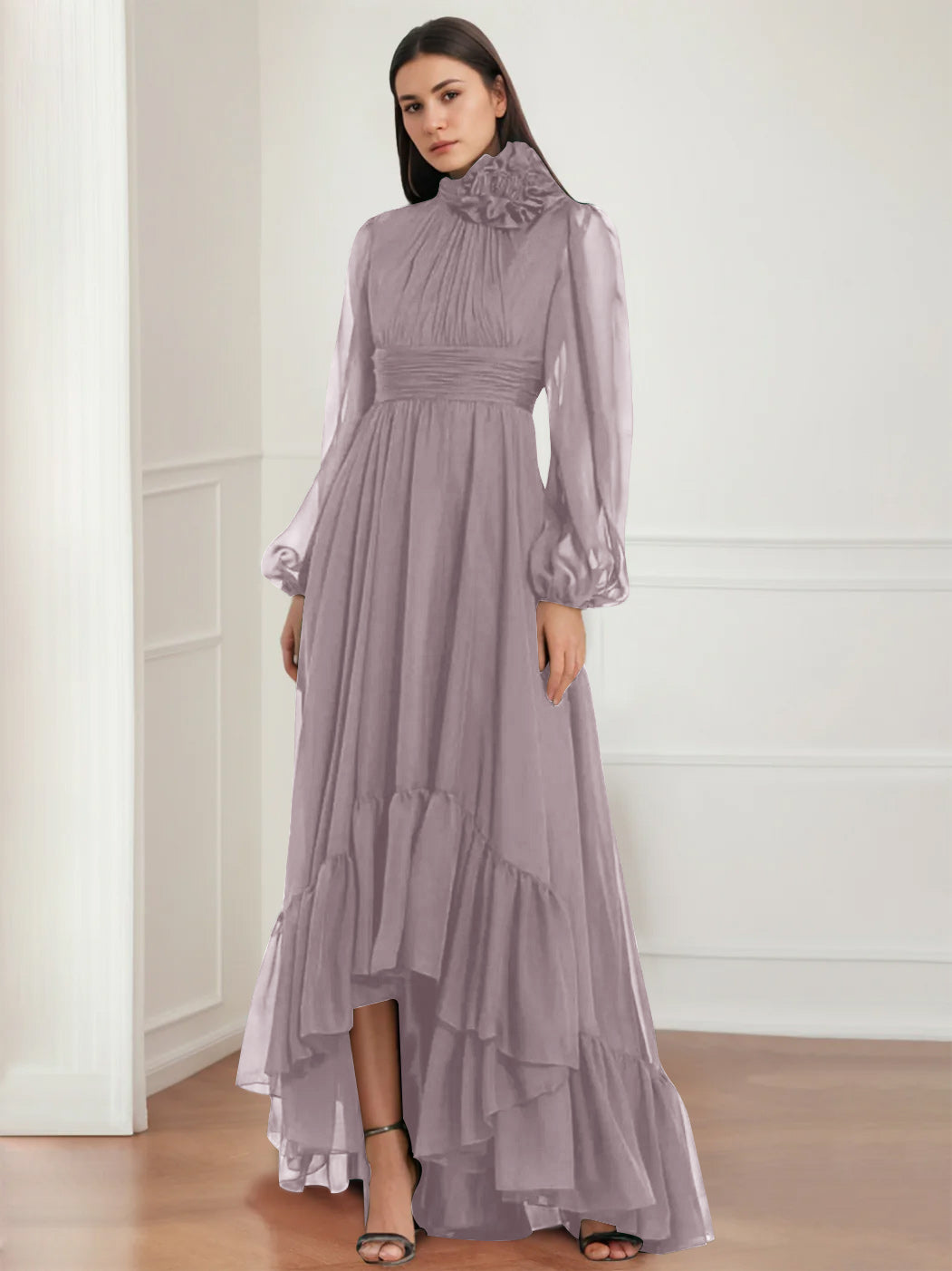 Asymmetrical A-Line Princess Jewel Neck Gown with Long Sleeves Ruffles & Floral Details