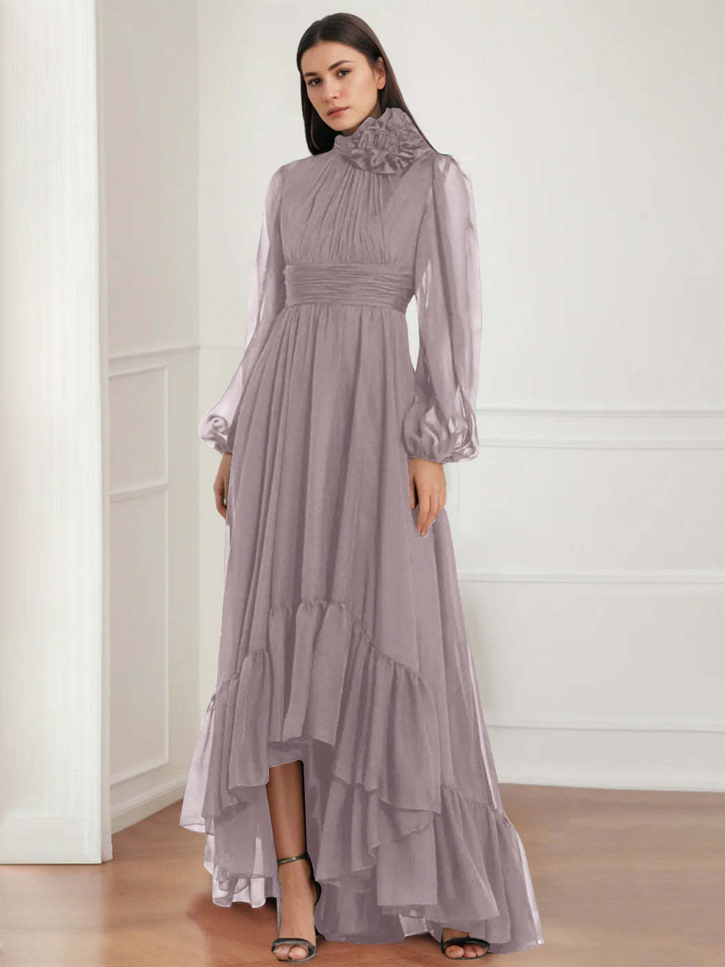 Asymmetrical A-Line Princess Jewel Neck Gown with Long Sleeves Ruffles & Floral Details