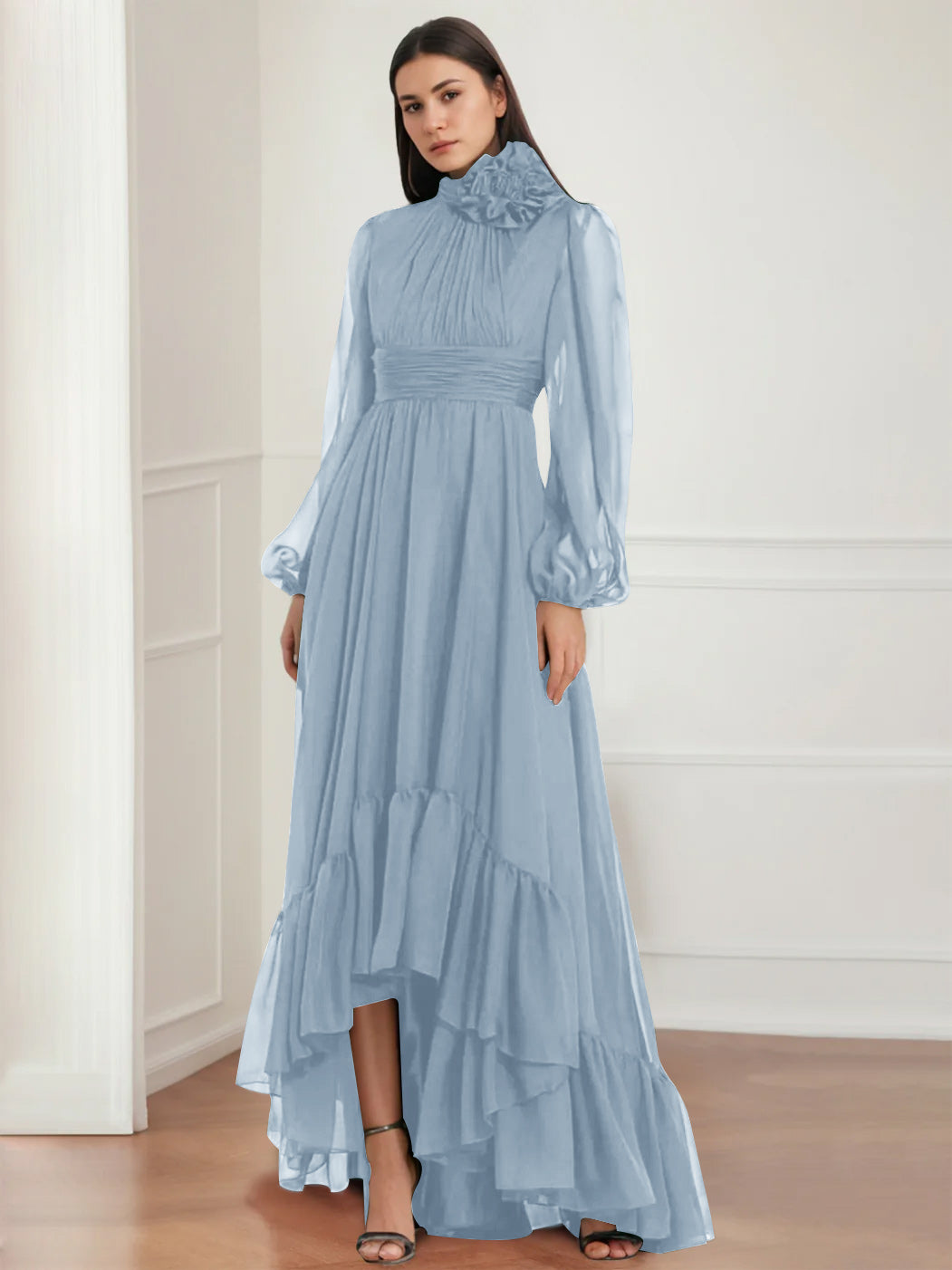 Asymmetrical A-Line Princess Jewel Neck Gown with Long Sleeves Ruffles & Floral Details