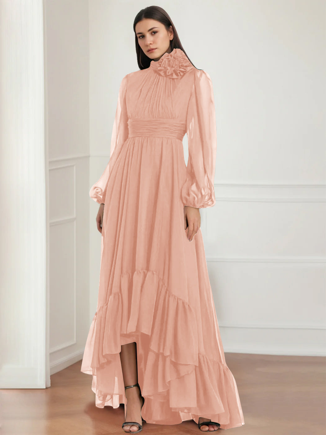 Asymmetrical A-Line Princess Jewel Neck Gown with Long Sleeves Ruffles & Floral Details