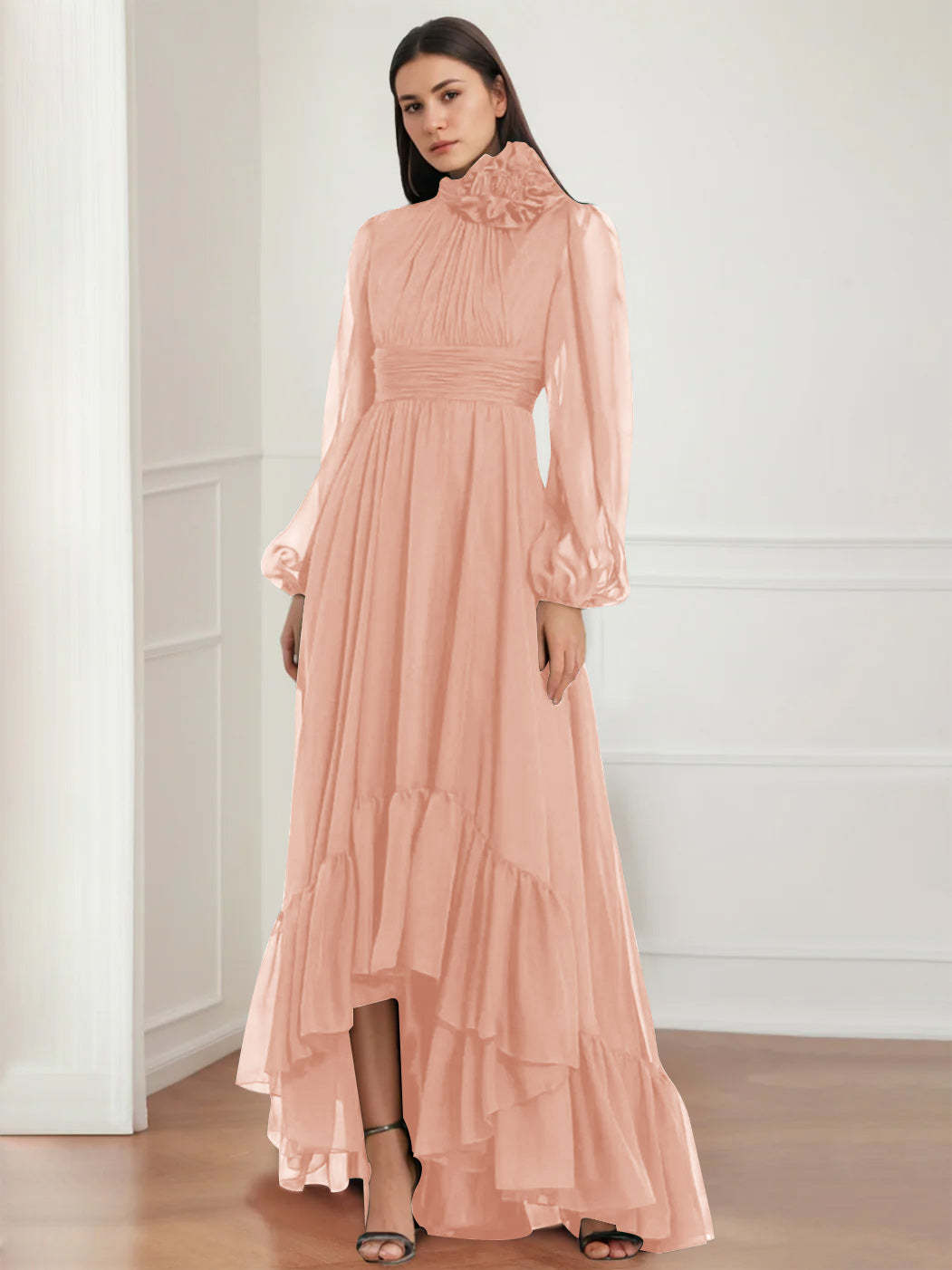 Asymmetrical A-Line Princess Jewel Neck Gown with Long Sleeves Ruffles & Floral Details