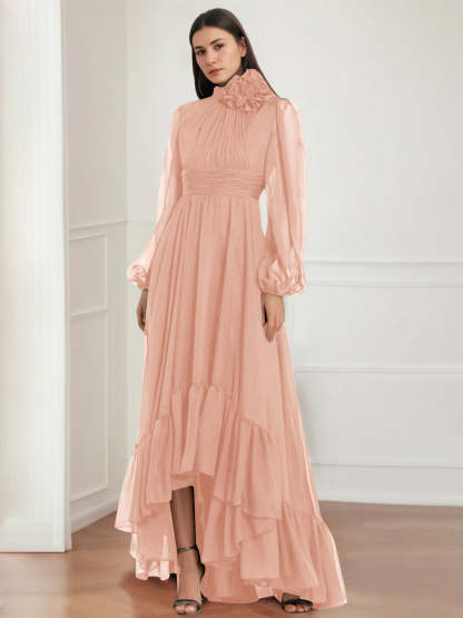 Asymmetrical A-Line Princess Jewel Neck Gown with Long Sleeves Ruffles & Floral Details