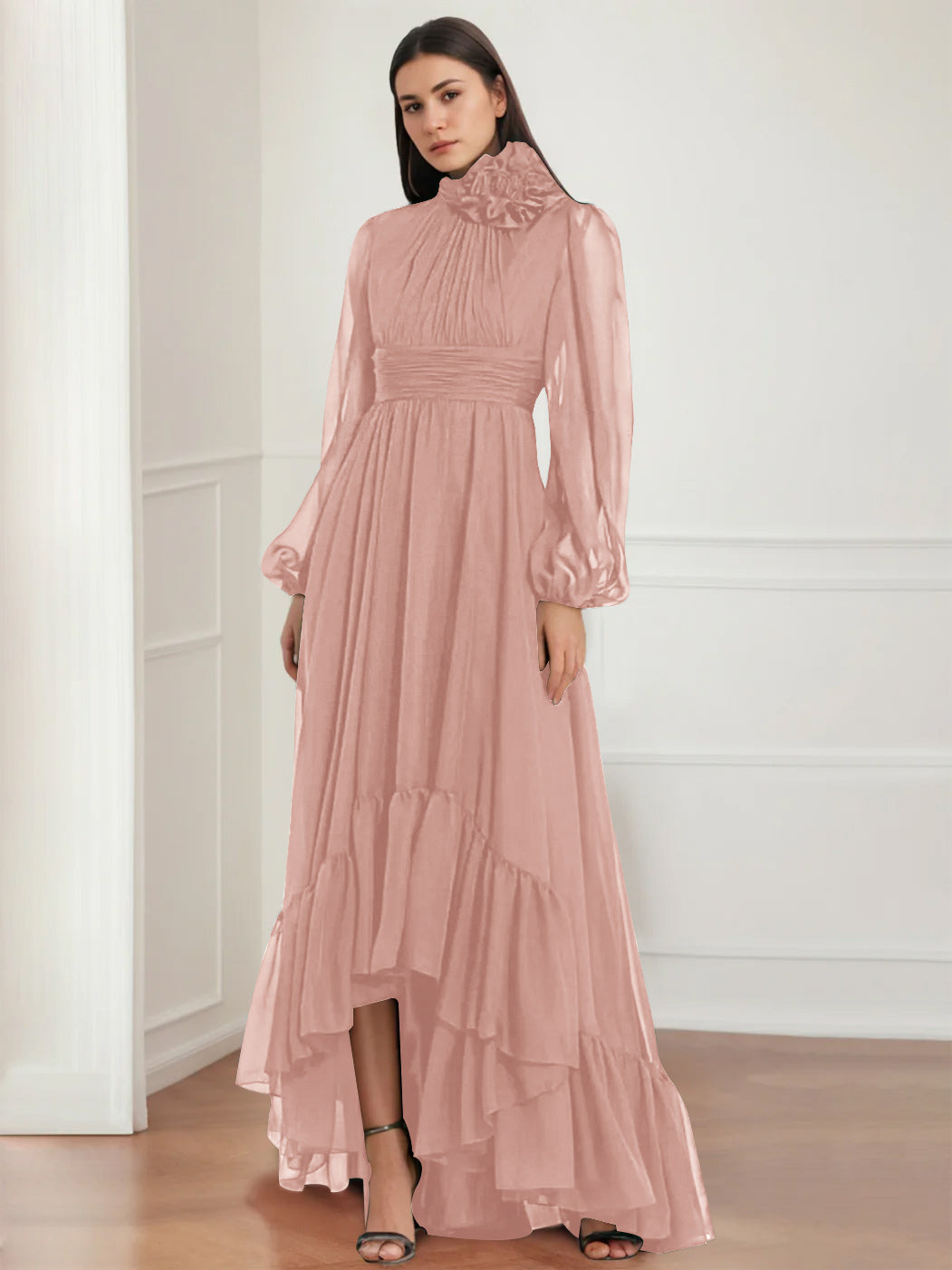 Asymmetrical A-Line Princess Jewel Neck Gown with Long Sleeves Ruffles & Floral Details