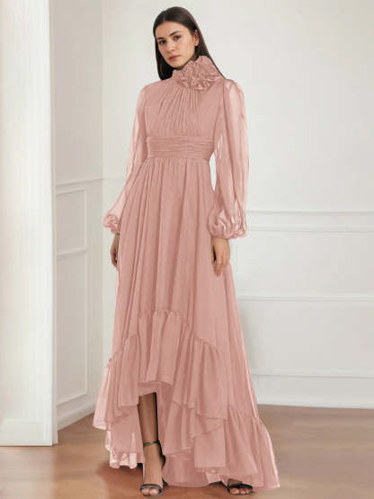 Asymmetrical A-Line Princess Jewel Neck Gown with Long Sleeves Ruffles & Floral Details