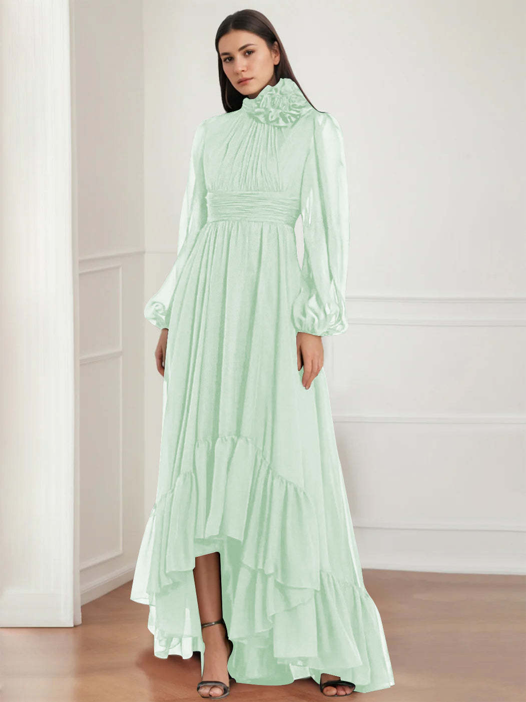 Asymmetrical A-Line Princess Jewel Neck Gown with Long Sleeves Ruffles & Floral Details