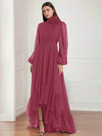 Asymmetrical A-Line Princess Jewel Neck Gown with Long Sleeves Ruffles & Floral Details