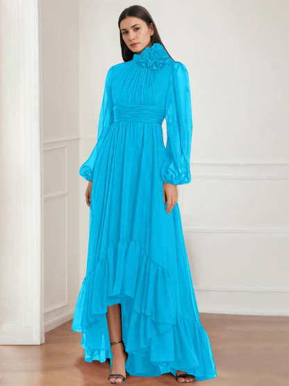 Asymmetrical A-Line Princess Jewel Neck Gown with Long Sleeves Ruffles & Floral Details