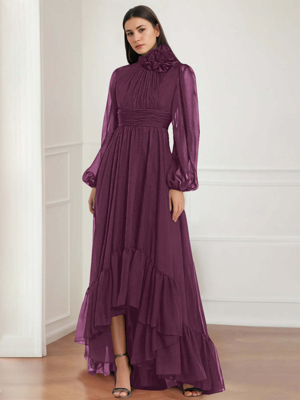 Asymmetrical A-Line Princess Jewel Neck Gown with Long Sleeves Ruffles & Floral Details