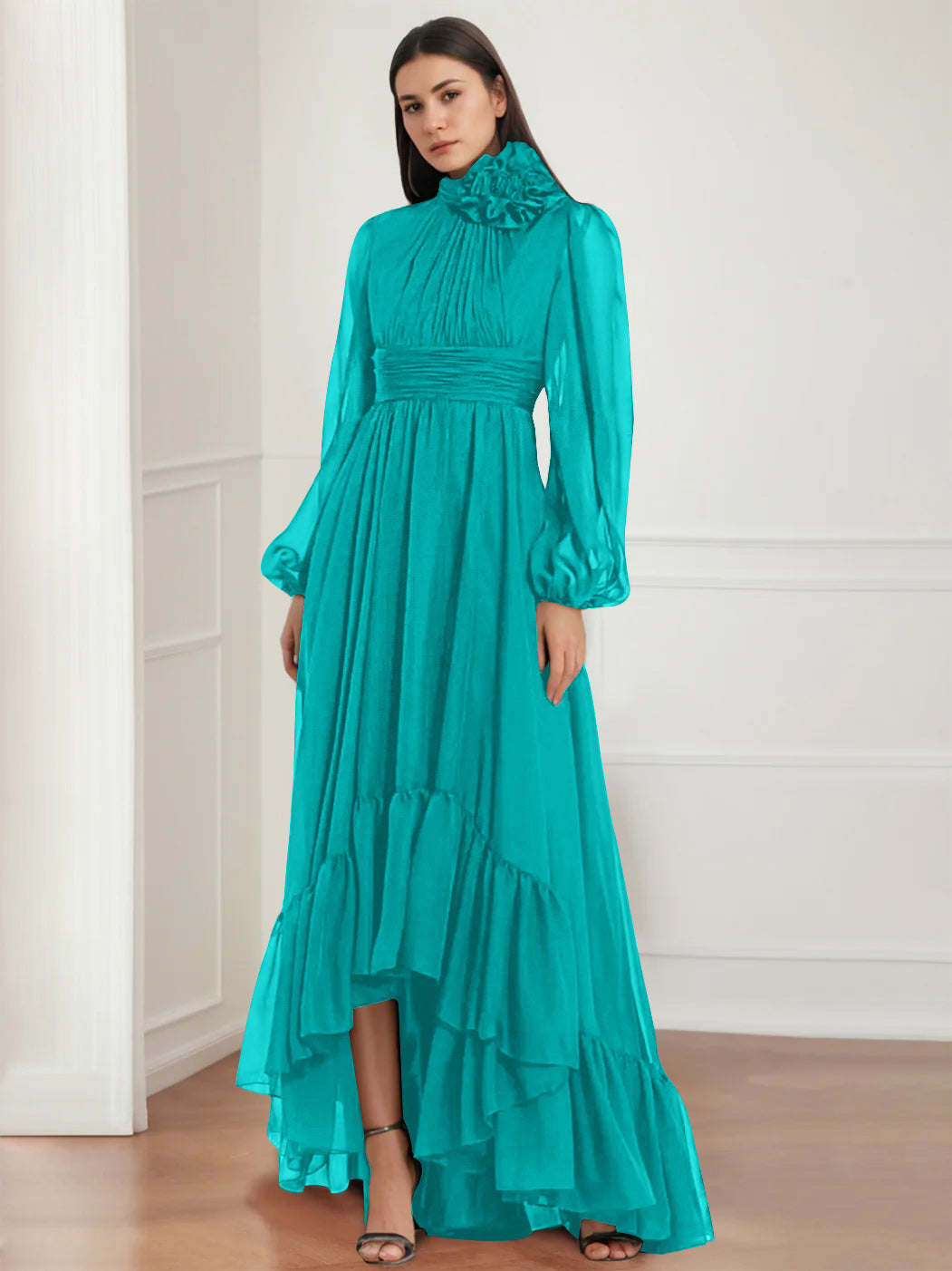 Asymmetrical A-Line Princess Jewel Neck Gown with Long Sleeves Ruffles & Floral Details