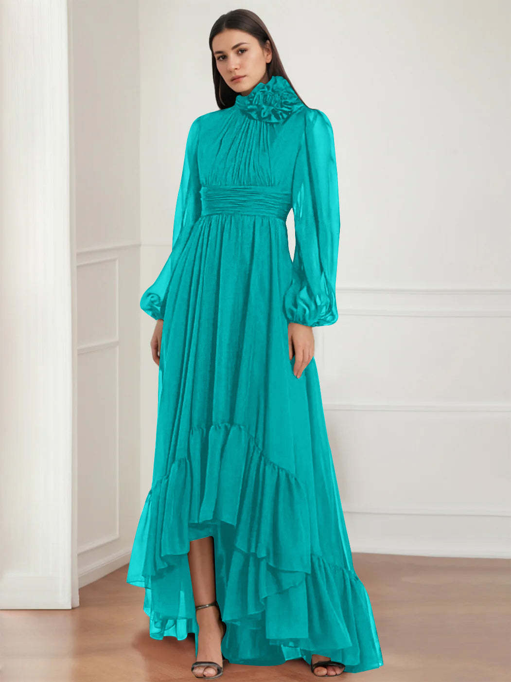 Asymmetrical A-Line Princess Jewel Neck Gown with Long Sleeves Ruffles & Floral Details