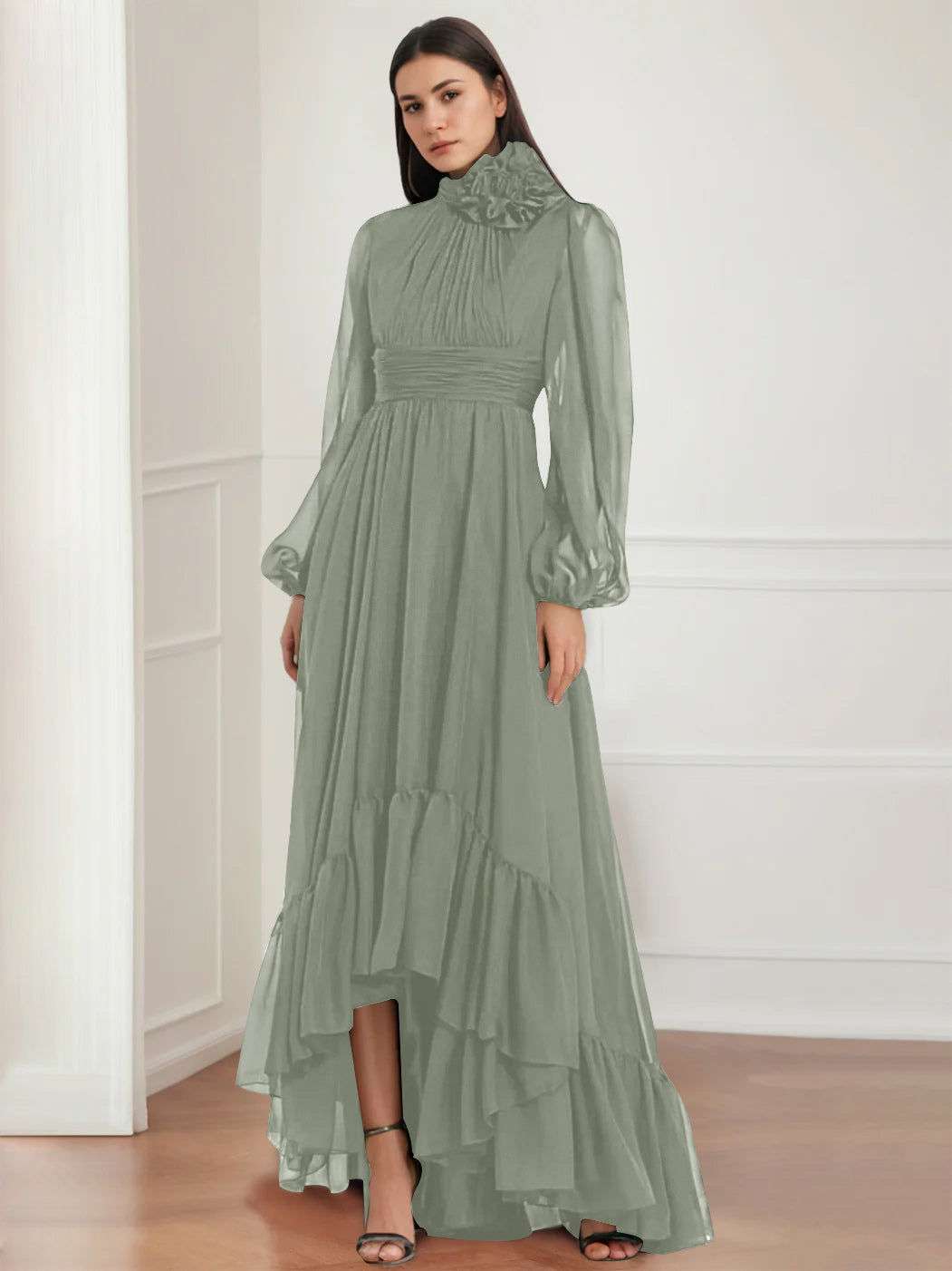 Asymmetrical A-Line Princess Jewel Neck Gown with Long Sleeves Ruffles & Floral Details