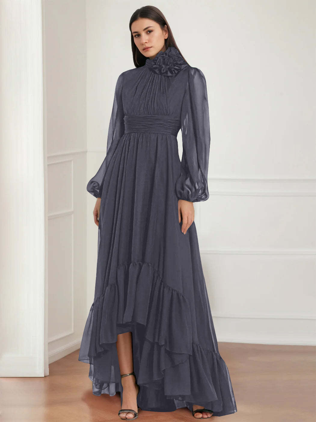 Asymmetrical A-Line Princess Jewel Neck Gown with Long Sleeves Ruffles & Floral Details