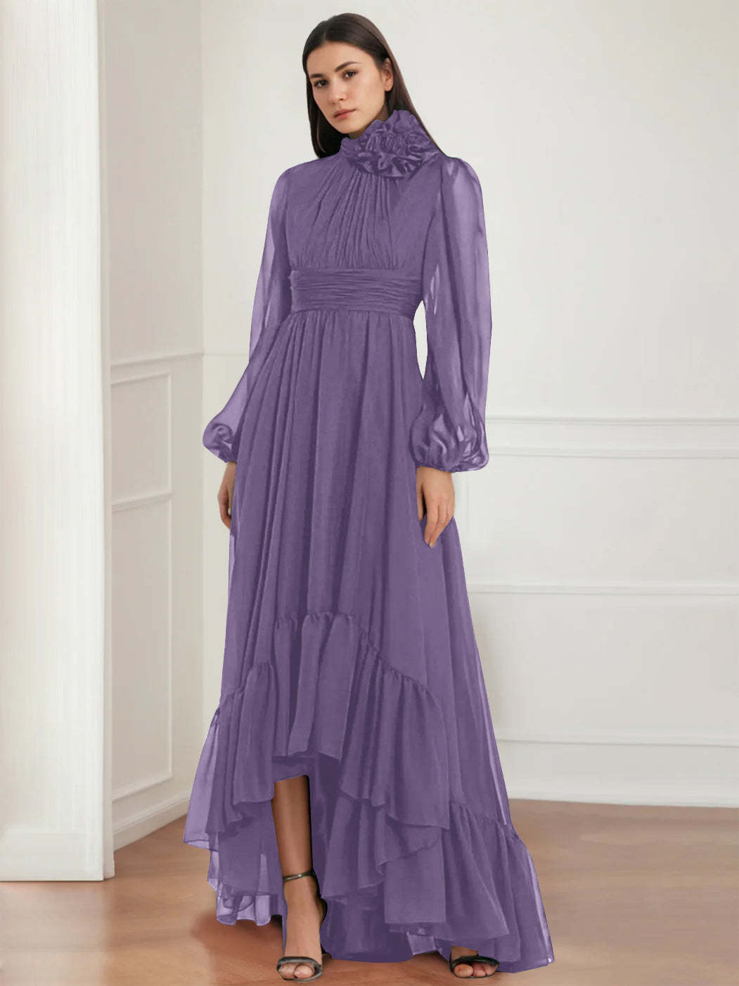 Asymmetrical A-Line Princess Jewel Neck Gown with Long Sleeves Ruffles & Floral Details