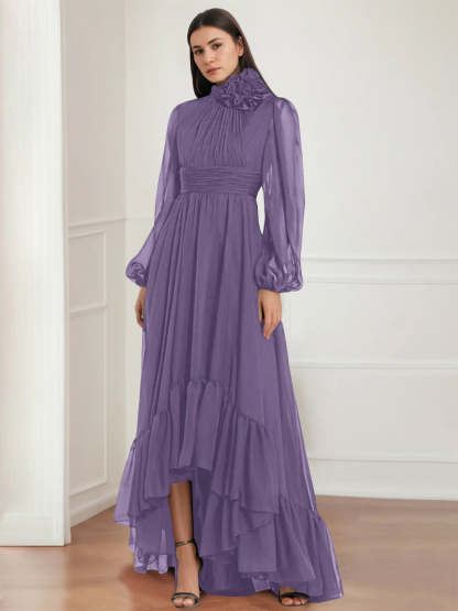 Asymmetrical A-Line Princess Jewel Neck Gown with Long Sleeves Ruffles & Floral Details
