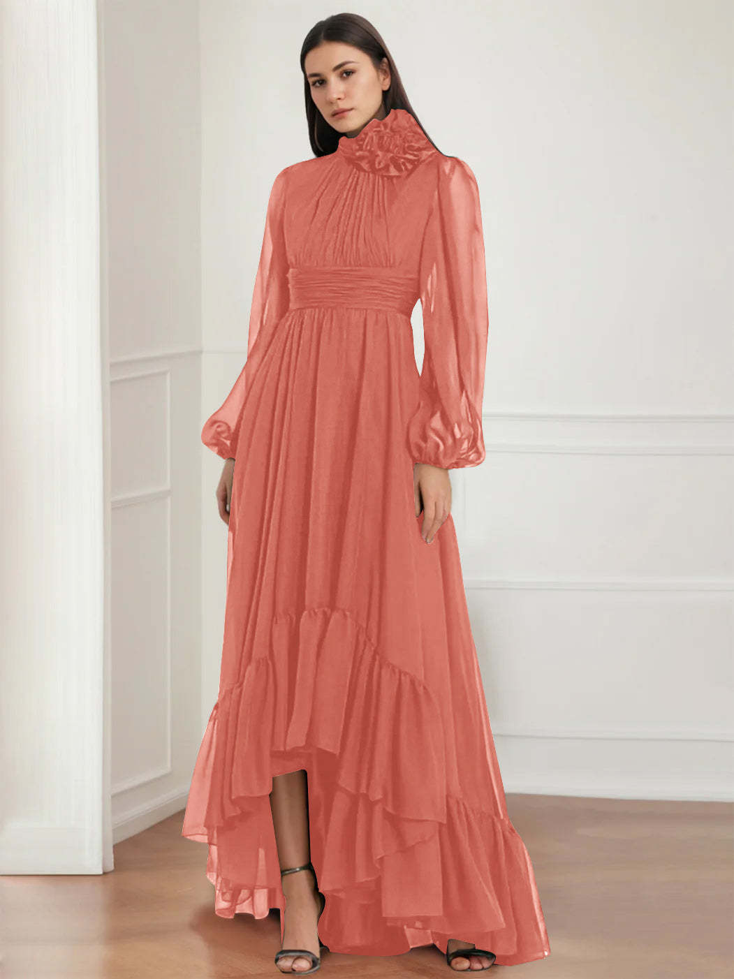 Asymmetrical A-Line Princess Jewel Neck Gown with Long Sleeves Ruffles & Floral Details