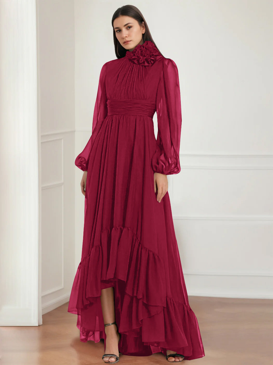 Asymmetrical A-Line Princess Jewel Neck Gown with Long Sleeves Ruffles & Floral Details