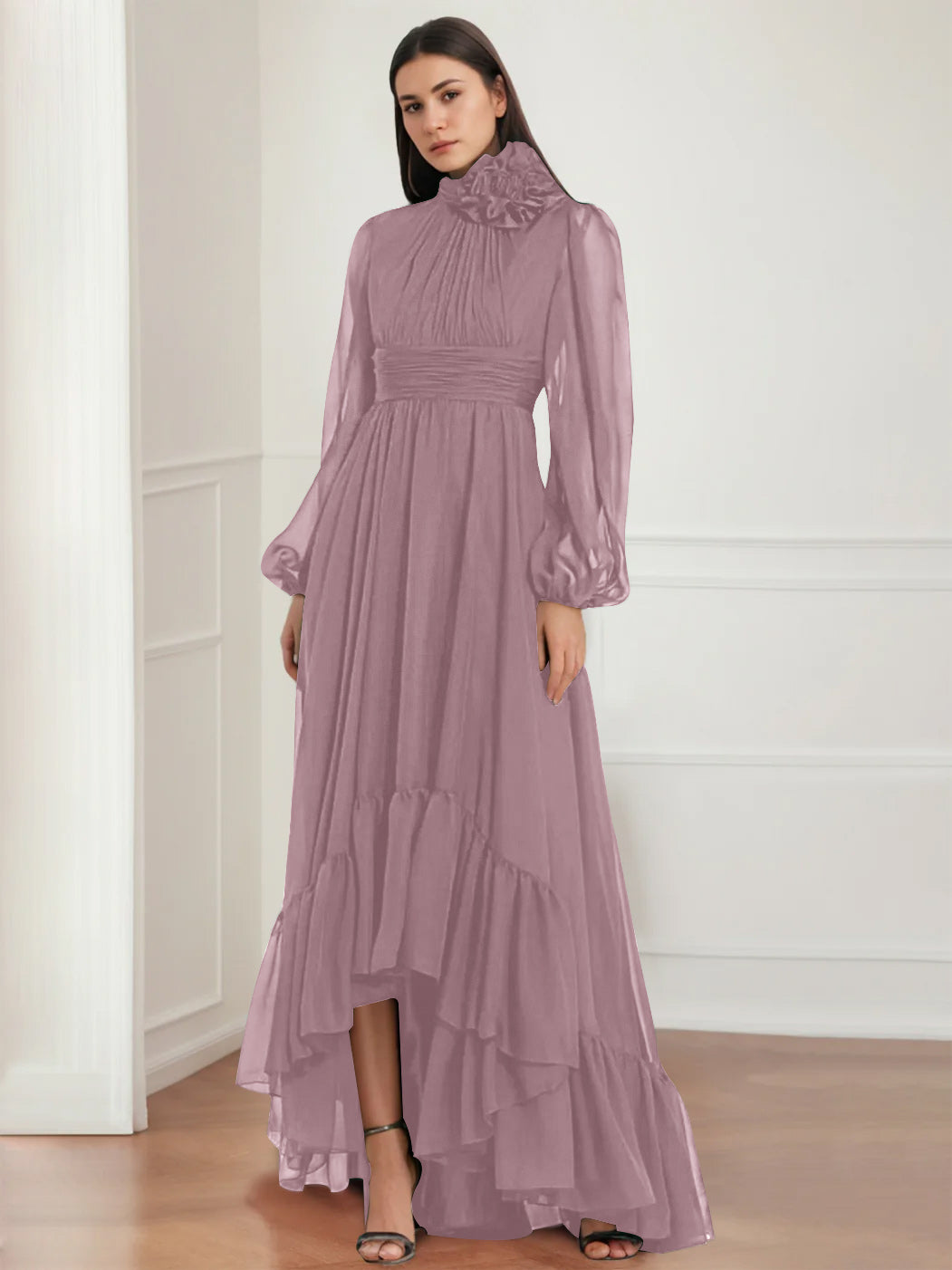 Asymmetrical A-Line Princess Jewel Neck Gown with Long Sleeves Ruffles & Floral Details