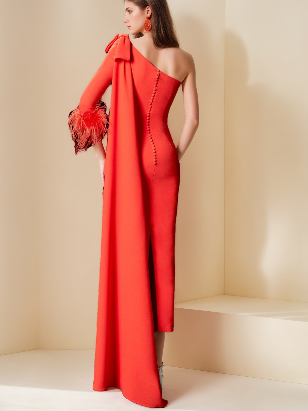 Unique One-Shoulder Tea-Length Mother of the Bride Sheath Dress with Watteau Train & Feather