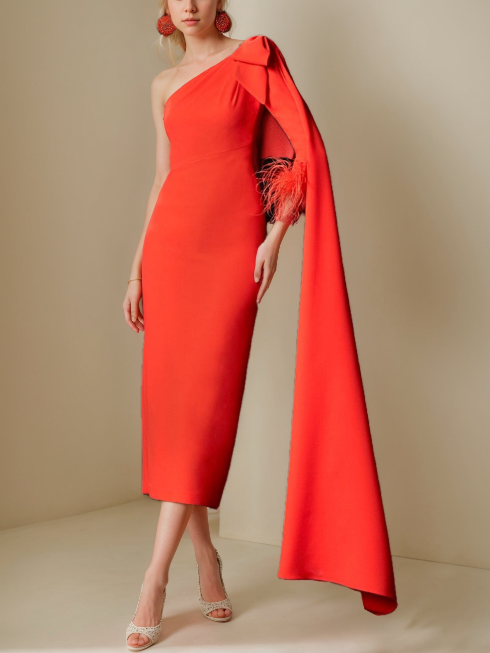 Unique One-Shoulder Tea-Length Mother of the Bride Sheath Dress with Watteau Train & Feather