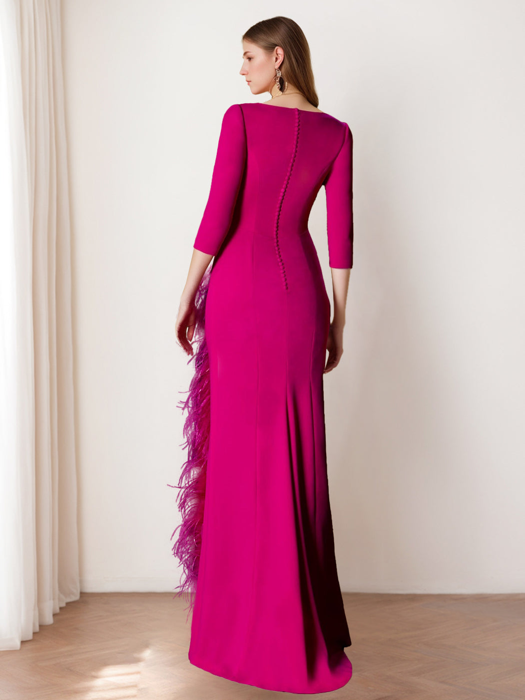 V-Neck Floor-Length Mother of the Bride Gown with Feathers and 3/4 Sleeves