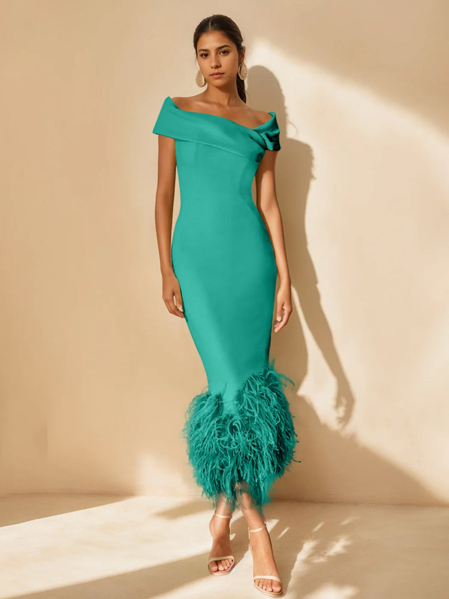 Unique Off-the-Shoulder Tea-Length Mother of the Bride Dresses with Feathers and Short Sleeves