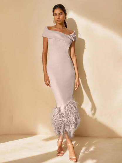 Unique Off-the-Shoulder Tea-Length Mother of the Bride Dresses with Feathers and Short Sleeves