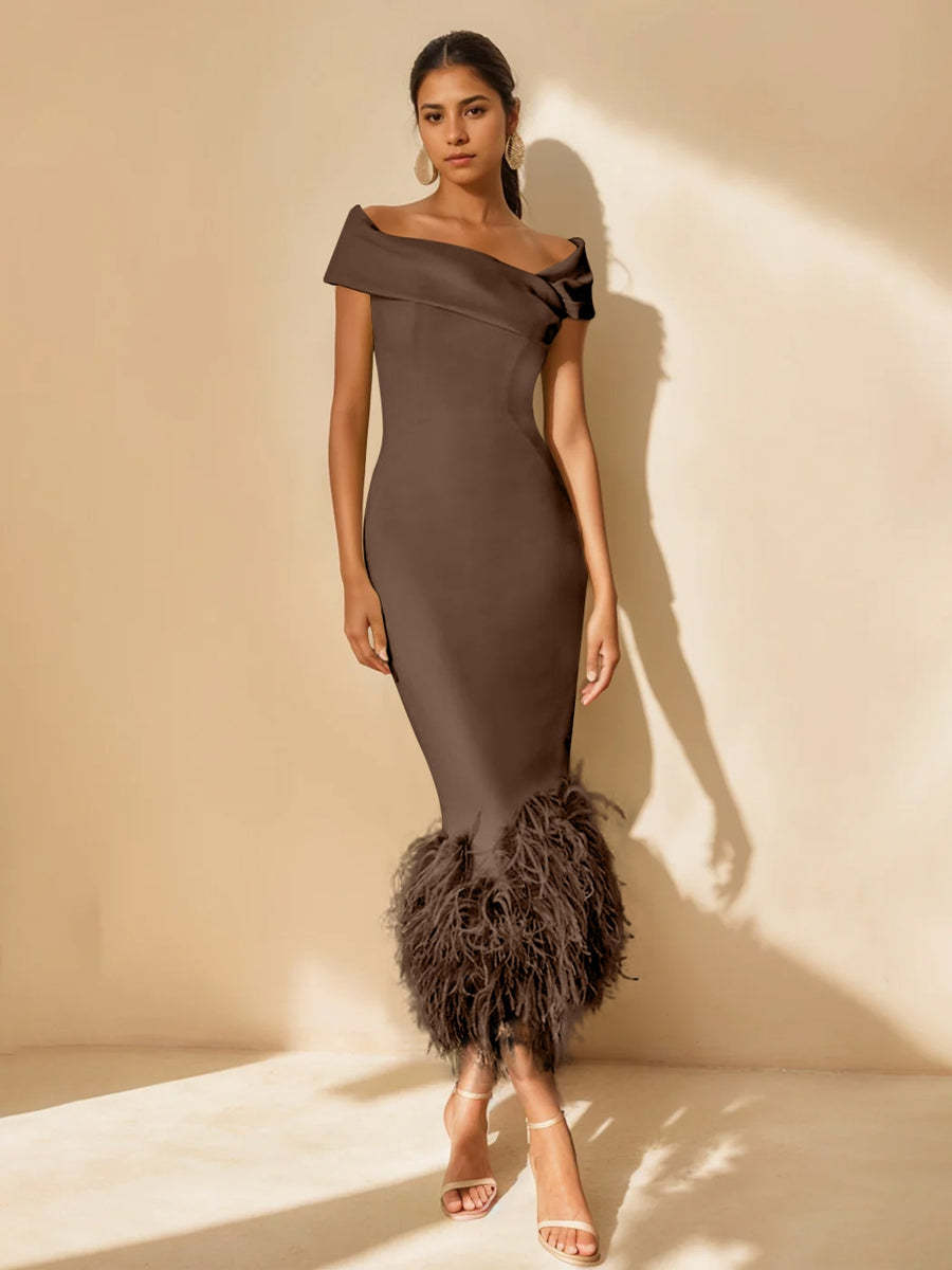 Unique Off-the-Shoulder Tea-Length Mother of the Bride Dresses with Feathers and Short Sleeves