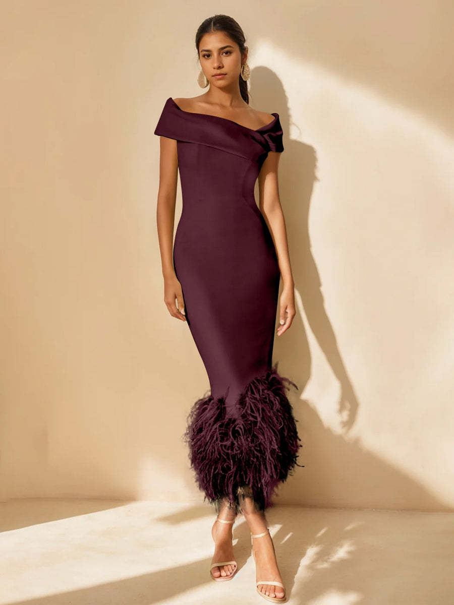 Unique Off-the-Shoulder Tea-Length Mother of the Bride Dresses with Feathers and Short Sleeves