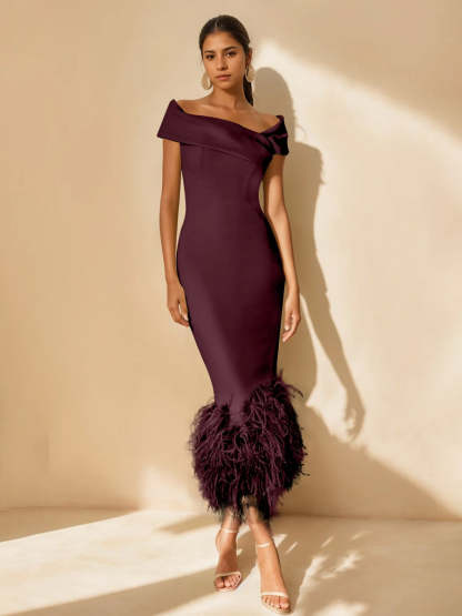 Unique Off-the-Shoulder Tea-Length Mother of the Bride Dresses with Feathers and Short Sleeves
