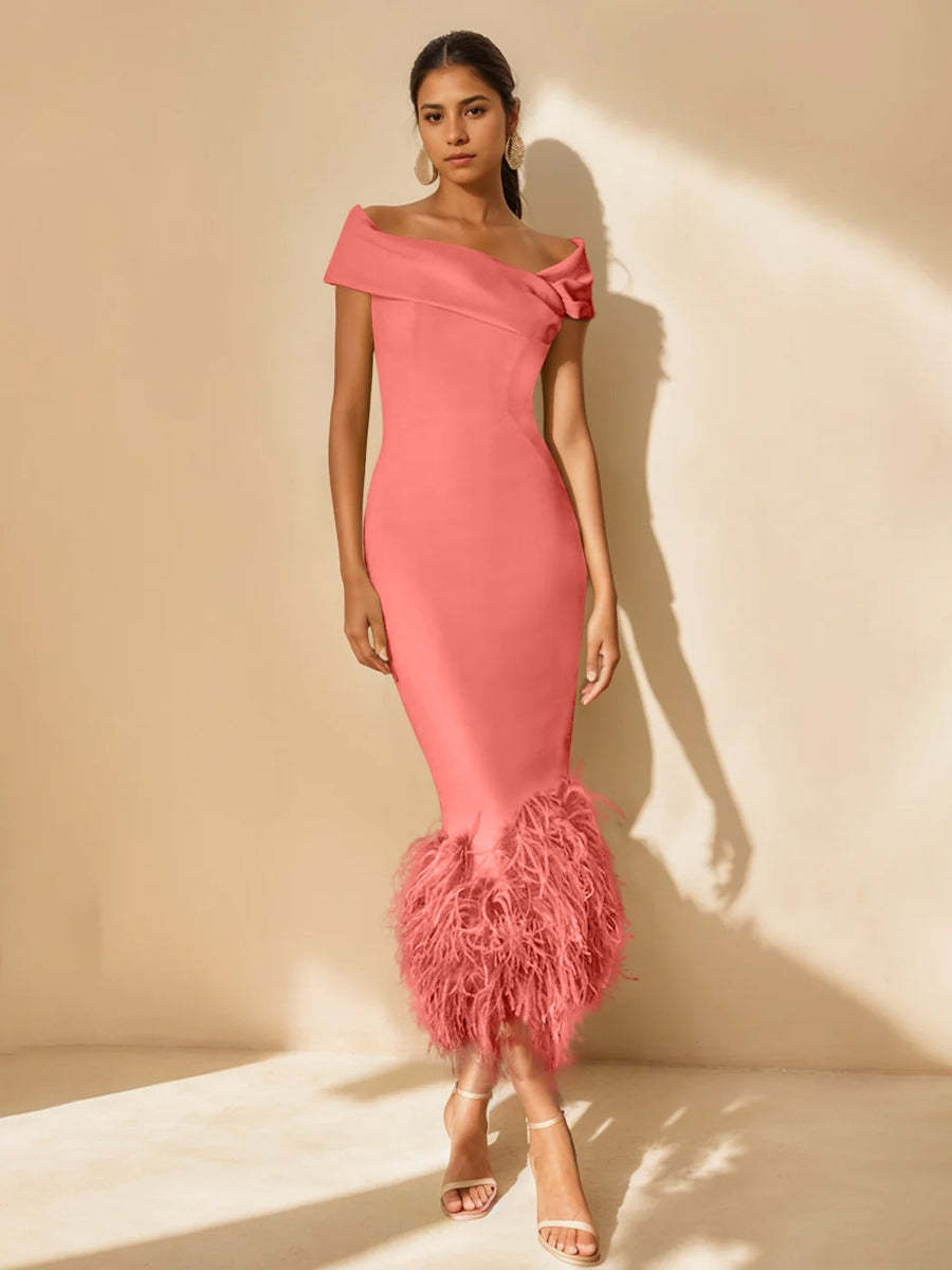Unique Off-the-Shoulder Tea-Length Mother of the Bride Dresses with Feathers and Short Sleeves