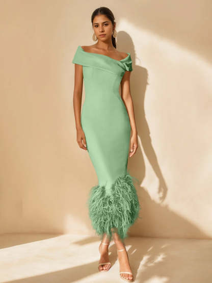 Unique Off-the-Shoulder Tea-Length Mother of the Bride Dresses with Feathers and Short Sleeves