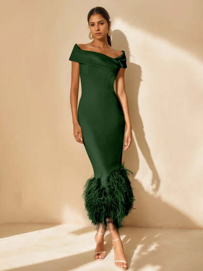 Unique Off-the-Shoulder Tea-Length Mother of the Bride Dresses with Feathers and Short Sleeves