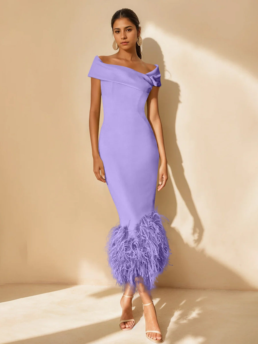 Unique Off-the-Shoulder Tea-Length Mother of the Bride Dresses with Feathers and Short Sleeves