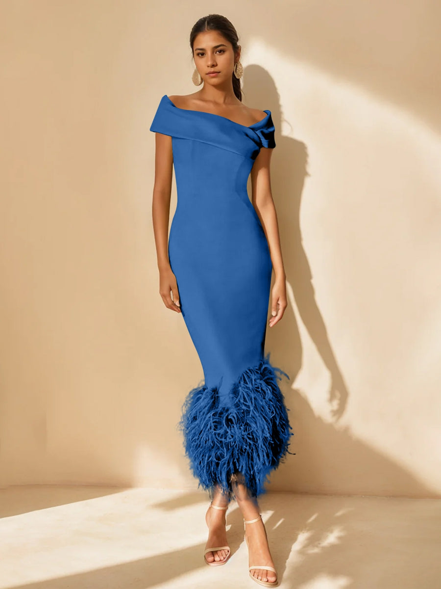 Unique Off-the-Shoulder Tea-Length Mother of the Bride Dresses with Feathers and Short Sleeves