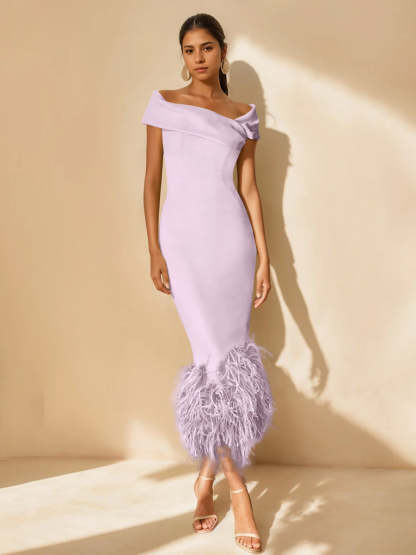 Unique Off-the-Shoulder Tea-Length Mother of the Bride Dresses with Feathers and Short Sleeves