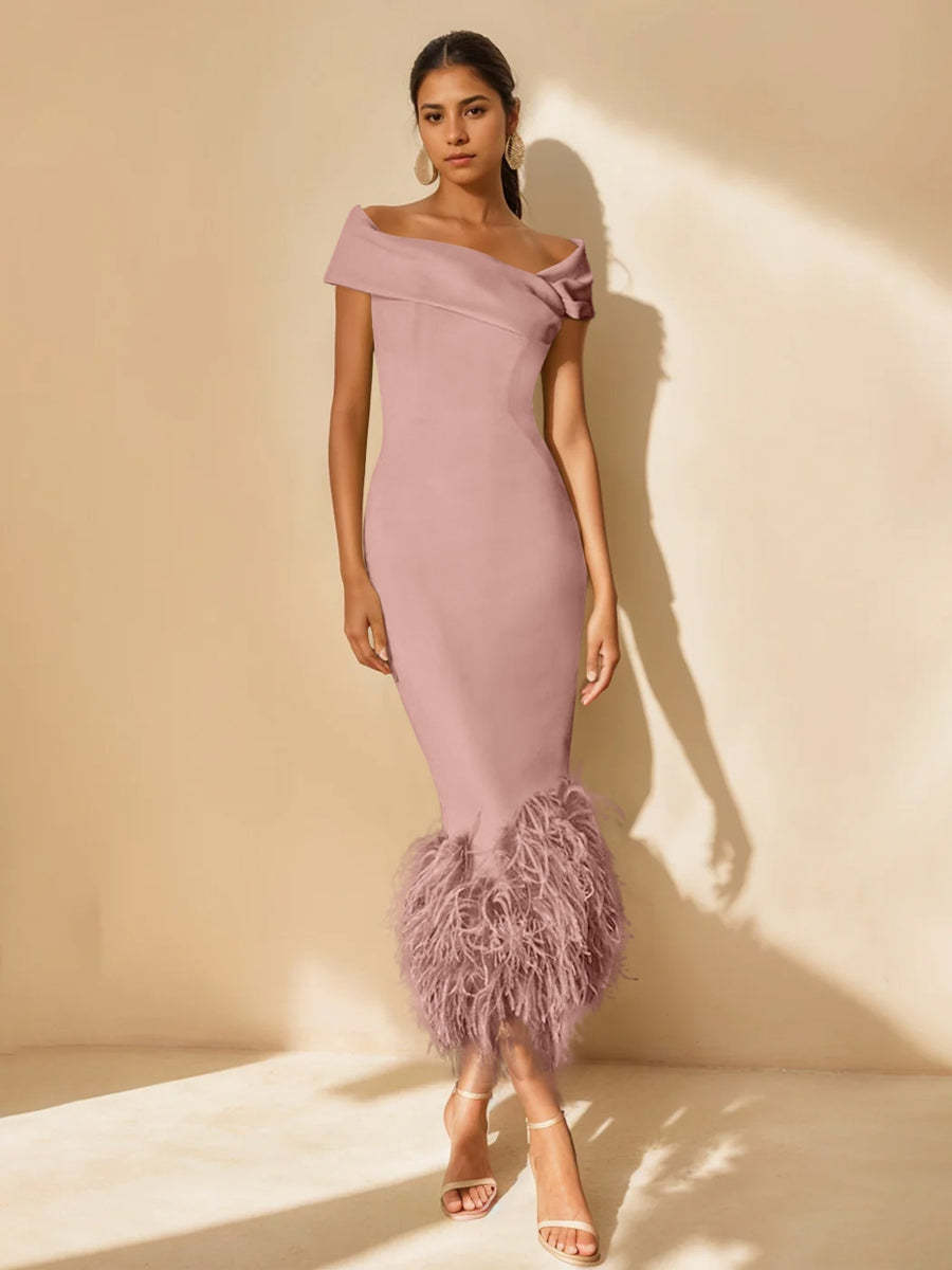 Unique Off-the-Shoulder Tea-Length Mother of the Bride Dresses with Feathers and Short Sleeves